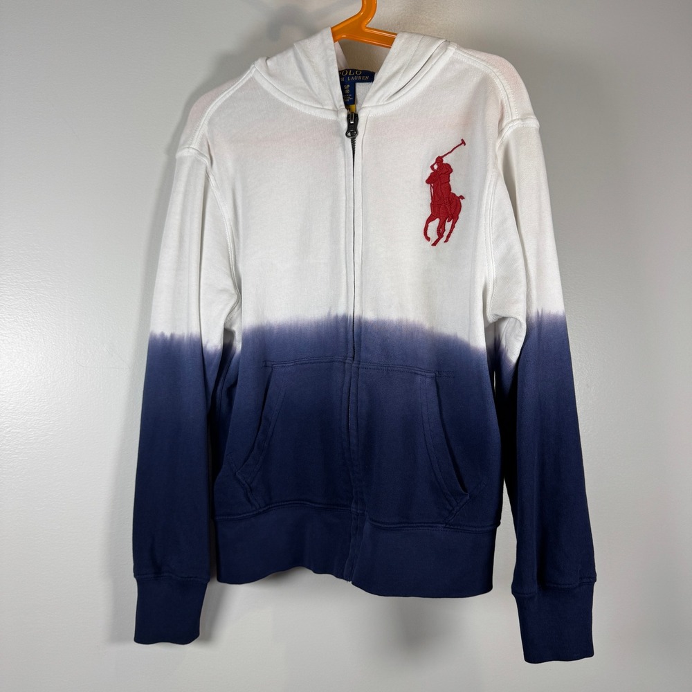 Polo Ralph Lauren Boys S 8 White Blue Dip Dye Ombre Full Zip Hoodie Red Big Pony